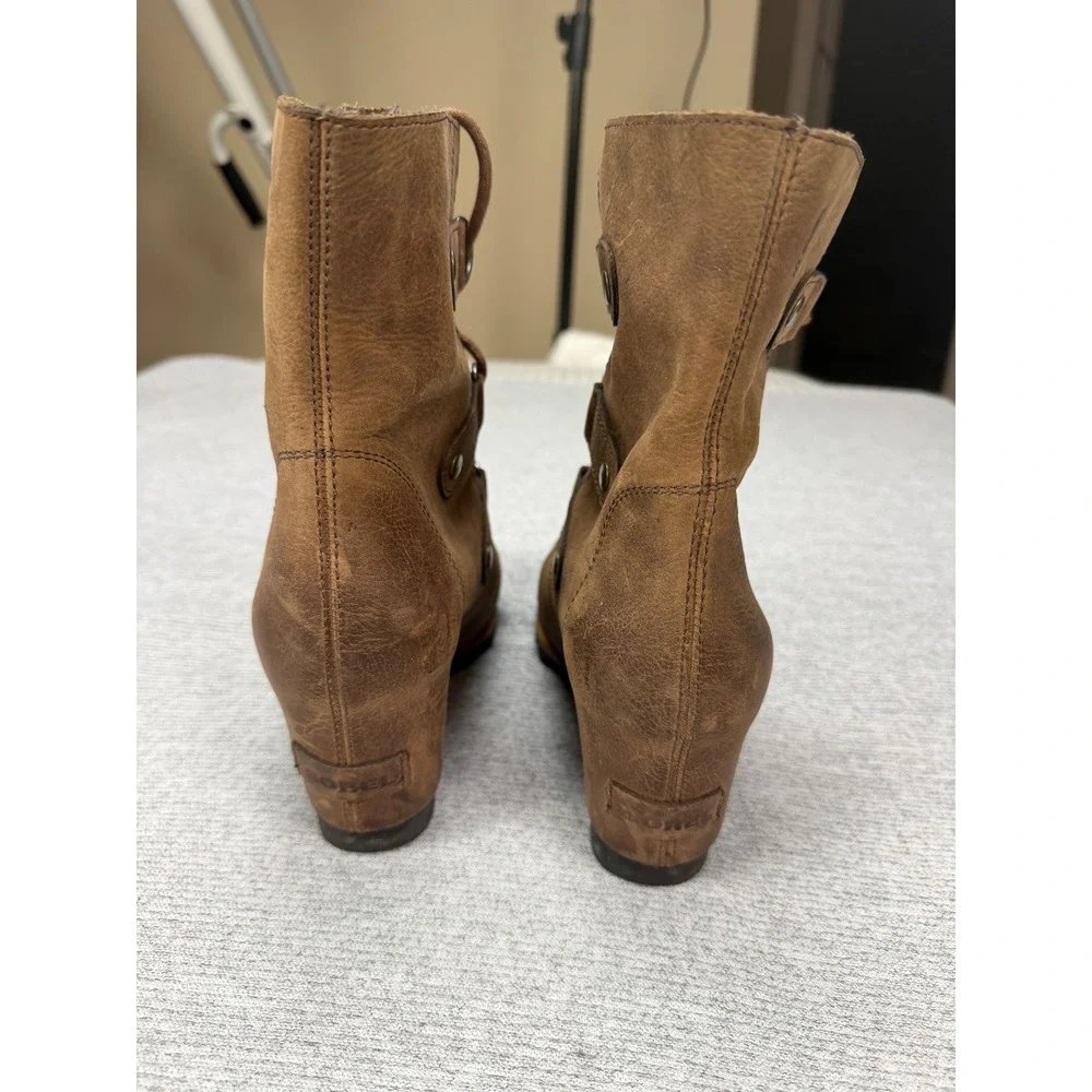 Sorel‎ Joan of Arctic Wedge II Brown Leather Lace Up Ankle Boots Womens 8 NL2305